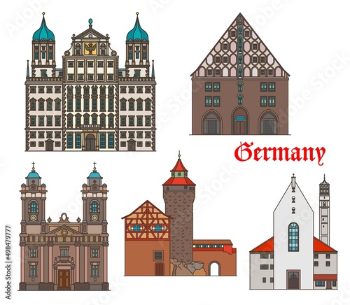 Germany architecture, Nuremberg and Augsburg buildings, vector travel landmarks. Bavaria architecture Imperial Castle and Mauthalle, Egidienkirche and Moritzkirche or St Maurice church and Rathaus photo