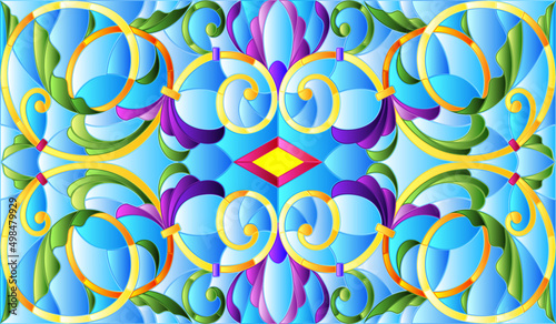 Illustration in stained glass style with abstract flowers, leaves and curls on blue background, horizontal orientation