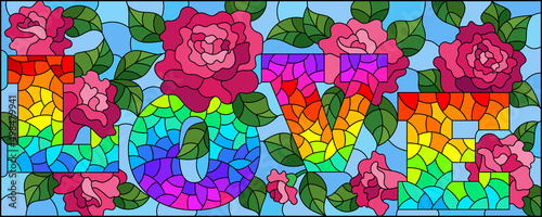 Stained glass illustration with the word love and rose flowers on a blue background