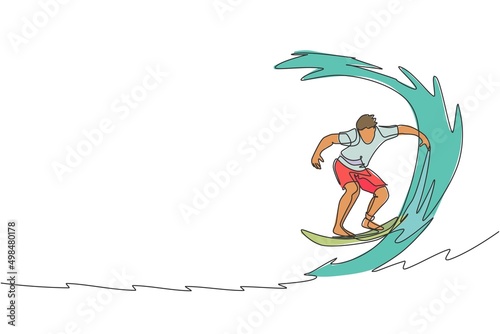 Single continuous line drawing young professional surfer in action riding the waves on blue ocean. Extreme watersport concept. Summer vacation. Trendy one line draw design graphic vector illustration