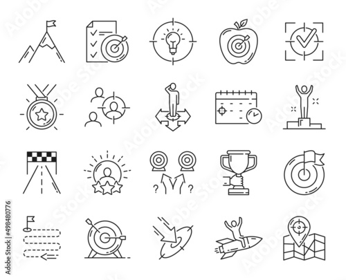 Business success, goal and target, leadership and management outline vector icons. Business concept thin line icons of team strategy, finance growth arrow and work objectives or challenge goals