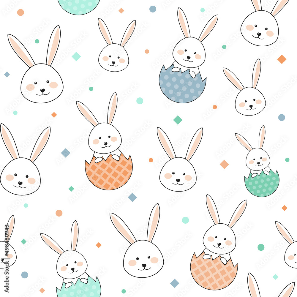 Easter seamless pattern with bunnies and eggs. Vector