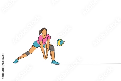 One single line drawing of young female professional volleyball player exercising block the ball on court vector illustration. Team sport concept. Tournament event. Modern continuous line draw design