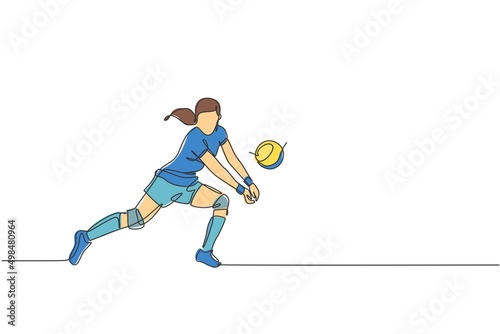 One continuous line drawing of young female professional volleyball player in action on court. Healthy competitive team sport concept. Dynamic single line draw design vector illustration graphic