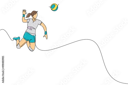 One single line drawing of young female professional volleyball player exercising jumping spike on court vector illustration. Team sport concept. Tournament event. Modern continuous line draw design
