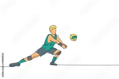 One single line drawing of young male professional volleyball player exercising block the ball on court vector illustration. Team sport concept. Tournament event. Modern continuous line draw design