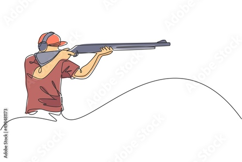 One continuous line drawing young man on shooting training ground practice for competition with rifle gun. Outdoor shooting sport concept. Dynamic single line draw graphic design vector illustration