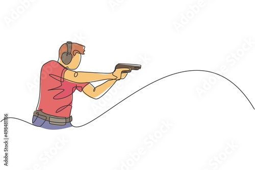 One single line drawing of young man practicing to shot target in range on shooting training ground vector graphic illustration. Clay pigeon shooting sport concept. Modern continuous line draw design
