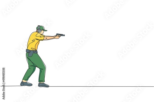 One continuous line drawing of young man on shooting training ground practice for competition with pistol handgun. Outdoor shooting sport concept. Dynamic single line draw design vector illustration