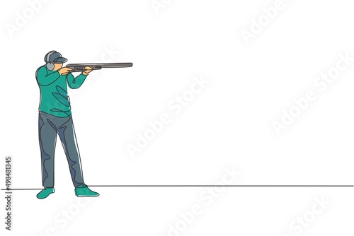 One single line drawing of young man practicing to shot target in range on shooting training ground vector illustration graphic. Clay pigeon shooting sport concept. Modern continuous line draw design