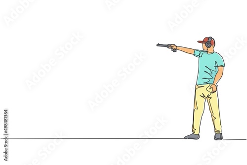 One continuous line drawing of young man on shooting training ground practice for competition with pistol handgun. Outdoor shooting sport concept. Dynamic single line draw design vector illustration