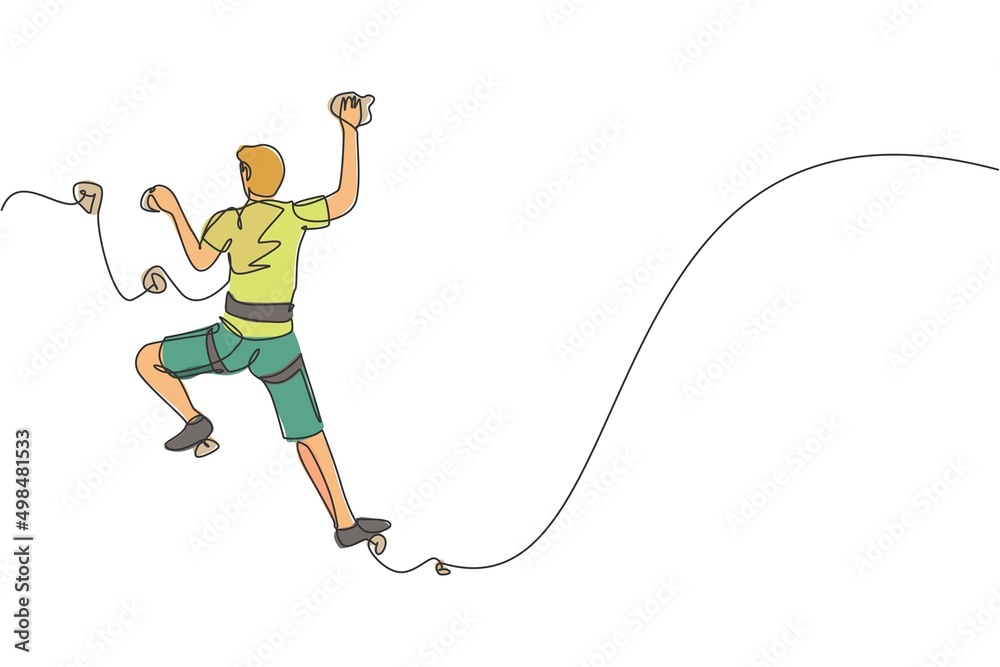 One continuous line drawing of young bravery climber man practice overhanging rock cliff mountain with safety rope. Dangerous extreme sport concept. Dynamic single line draw design vector illustration One continuous line drawing of young bravery climber man practice overhanging rock cliff mountain with safety rope. Dangerous extreme sport concept. Dynamic single line draw design vector illustration