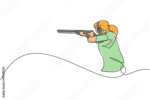 One single line drawing young woman practicing to shot target in range on shooting training ground vector graphic illustration. Clay pigeon shooting sport concept. Modern continuous line draw design