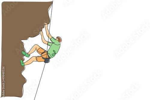 Single continuous line drawing of young muscular rockclimber man climbing hanging on mountain grip. Outdoor active lifestyle and rock climbing concept. Trendy one line draw design vector illustration