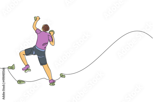 Single continuous line drawing of young muscular rockclimber man climbing hanging on mountain grip. Outdoor active lifestyle and rock climbing concept. Trendy one line draw design vector illustration