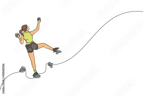 Single continuous line drawing of young slim muscular rockclimber woman climbing hanging on grip. Outdoor active lifestyle and rock climbing concept. Trendy one line draw design vector illustration