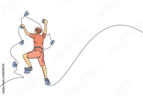 Single continuous line drawing of young muscular rockclimber man climbing hanging on mountain grip. Outdoor active lifestyle and rock climbing concept. Trendy one line draw design vector illustration