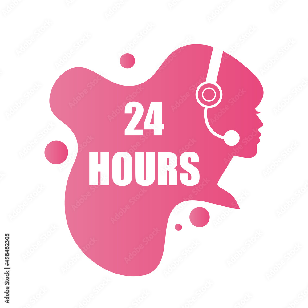24/7 telephone support line icon. There is a round the clock service. Stylish icon with a girl's face. 24/7 all day all night icon, modern design illustration, open label sticker. Vector 24/7 telephone support line icon. There is a round the clock service. Stylish icon with a girl's face. 24/7 all day all night icon, modern design illustration, open label sticker. Vector