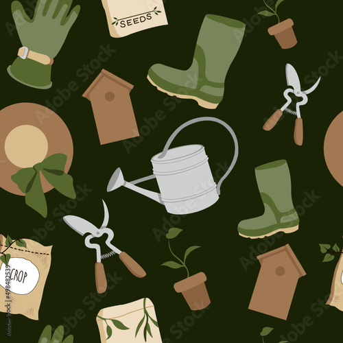 seamless pattern garden set tools plant birdhouse watering can