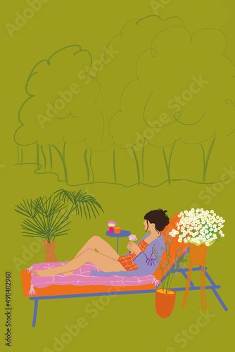 Young woman lying on sunbed sunbathing and enjoying nature at garden with flowers and trees on background. Vector illustration