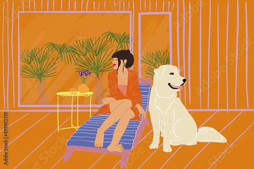 Woman enjoys nature while sits relaxed on sunbed at house terrace with big white dog. Concept of relaxation and friendship with pets. Vector illustration