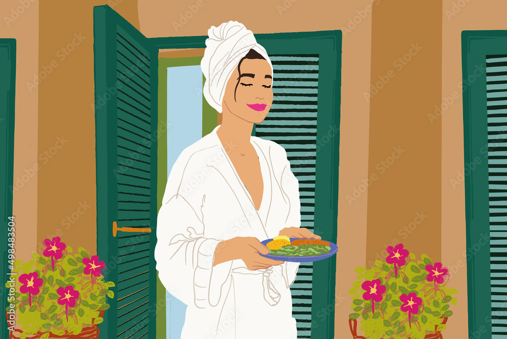 Beautiful woman in bathrobe and towel on her head walks with a breakfast in front of the hotel or house. Vector illustration - obrazy, fototapety, plakaty 