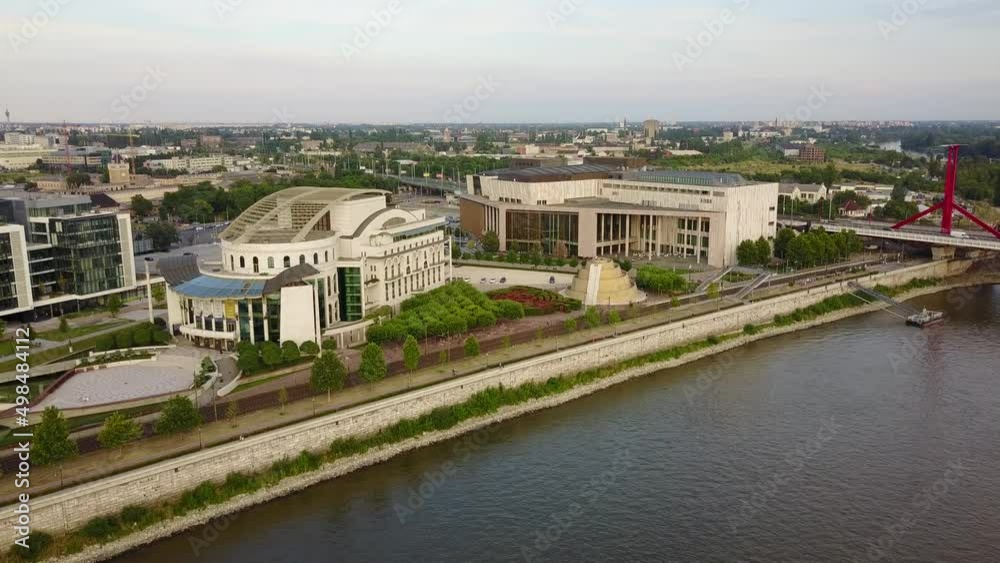 Cinematic 4K aerial drone dolly in shot of the National Theatre, Ludwig Museum, Ziggurat, Ferencvaros, Mupa, Bajor Gizi park, Danube river, bridges over Danube river in Budapest, Hungary Cinematic 4K aerial drone dolly in shot of the National Theatre, Ludwig Museum, Ziggurat, Ferencvaros, Mupa, Bajor Gizi park, Danube river, bridges over Danube river in Budapest, Hungary
