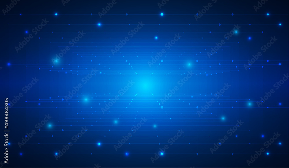 Abstract Virtual Reality Rectangular Tunnel Perspective Grid Array Vector. Dark Blue Empty Space Dot Line Structure with Star Glow Illustration.