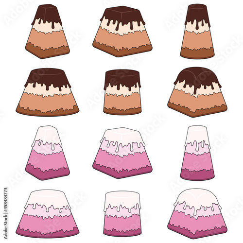Set of color illustrations with chocolate and berry curd Easter with glaze. Isolated vector objects on a white background.