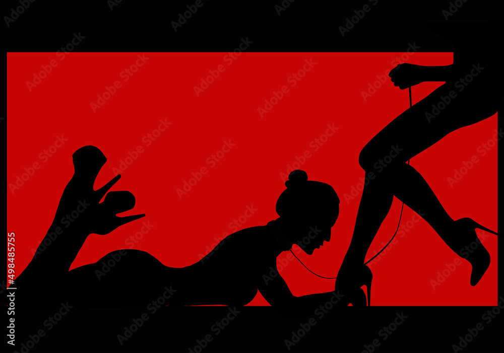black silhouette of two seductive women on a red background - obrazy, fototapety, plakaty 