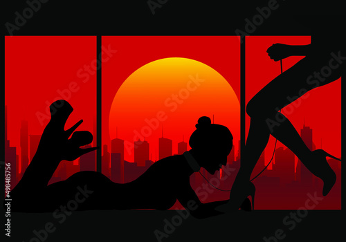 black silhouette of two seductive women on the window on a red background of skyscrapers and the setting sun