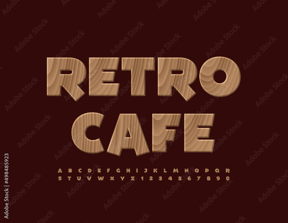 Obraz premium Vector wooden logo Retro Cafe. Tree textured Font. Creative Alphabet Letters and Numbers.