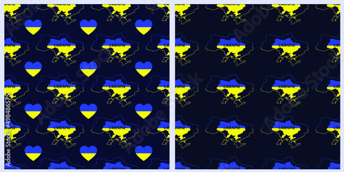 Seamless vector pattern with the map of Ukraine, the inscription Ukraine and a heart in the colors of the Ukrainian flag on a dark isolated background.