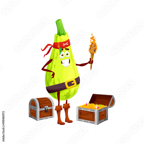 Vegetable marrow squash pirate corsair emoticon isolated funny cartoon character with torch, chest of drawers full of treasures. Vector buccaneer in bandana, smiling veggie food with mustaches