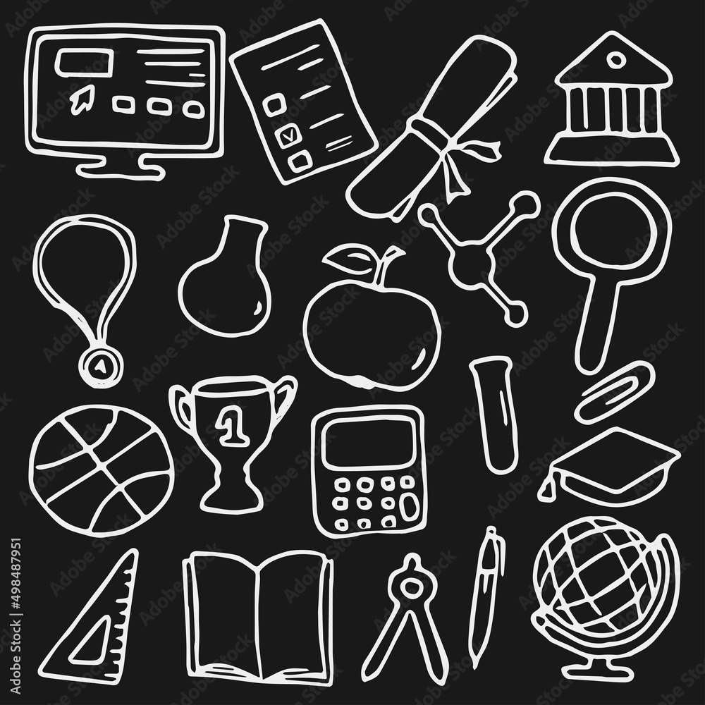 Obraz premium education icons. Doodle vector with education and school icons on black background. Vintage education pattern