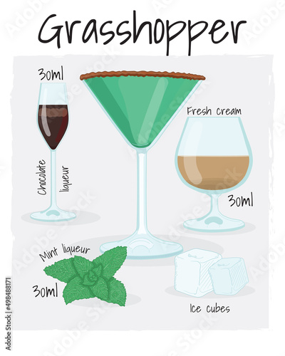 Hand Drawn Colorful Grasshopper Summer Cocktail. Drink with Ingredients