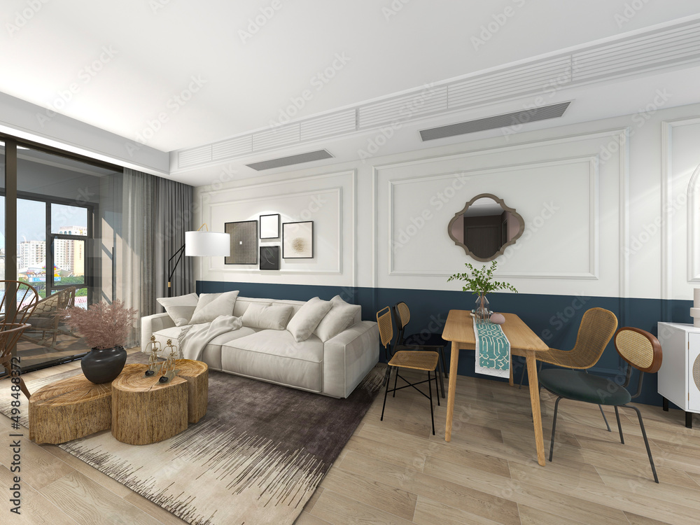 Fototapeta premium 3D rendering, spacious living room design of modern residence, with sofa, tea table, decorative painting, etc