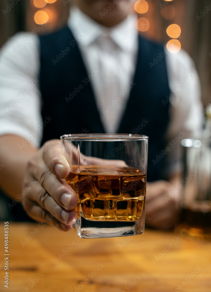 Barman pouring whiskey whiskey glass beautiful night Barman pouring whiskey whiskey glass beautiful night