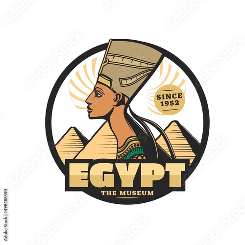 Egyptian museum icon, Egypt travel and culture tourism vector icon. Nefertiti and Ancient Egypt pharaoh pyramids, Cairo and Giza Egyptian travel landmarks