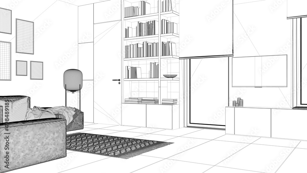 Blueprint project draft, modern minimalist living room , concrete tiles, sofa, carpet, glass lamp, frame mockup, wooden bookshelf and cabinets, windows, architecture interior design Blueprint project draft, modern minimalist living room , concrete tiles, sofa, carpet, glass lamp, frame mockup, wooden bookshelf and cabinets, windows, architecture interior design