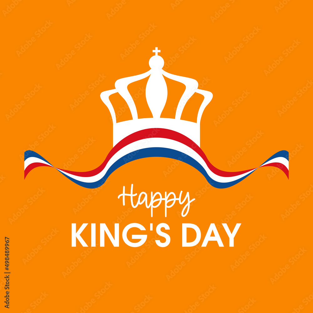 Happy King's day Koningsdag greeting card vector. Flag of the Netherlands ribbon shape vector. Royal crown with dutch flag ribbon icon. National holiday in the Netherlands. April 27. Important day
