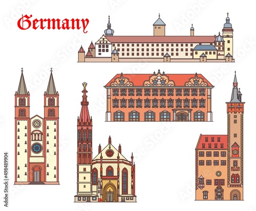 Germany architecture buildings, Wurzburg travel landmarks, vector churches and cathedrals. St Kilians Dom, altes rathaus, Marienkapelle or Saint Mary chapel, Marienberg Fortress and Falkenhaus