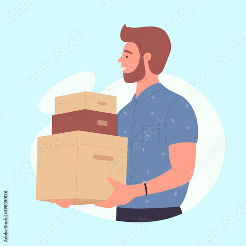Bearded young man holding parcel boxes. Ordering and delivery packages service flat vector illustration
