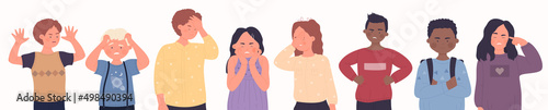 Angry and stubborn kids set vector illustration. Cartoon little girl and boy with sad frustrated and aggressive faces feeling stress and bad emotions, unhappy child with crossed arms isolated on white