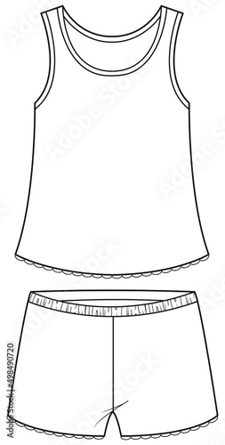 pyjama set sleepwear in vector. pajamas with tank top and shorts fashion flat sketch.