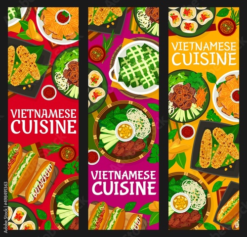 Vietnamese restaurant meals banners. Beef noodle salad, meat and vegetable sandwiches, grilled corn, bean curd skin with shrimps and chips with seafood, grilled meatballs, sticky rice pork cake