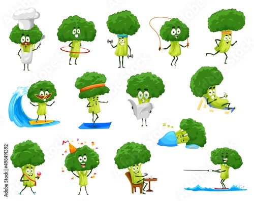 Cartoon funny broccoli vegetable isolated characters activity, sports recreation. Vector broccoli veggies workout in gym, on beach, surfing on sea wave and drinking cocktail. Healthy sport lifestyle