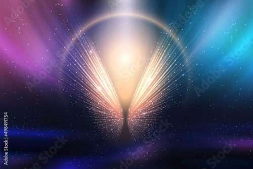 Magic blue and purple abstract vector illustration. Luxury background with leading lines from point in middle with brilliant glow of dots and round golden light effect frame for product presentation