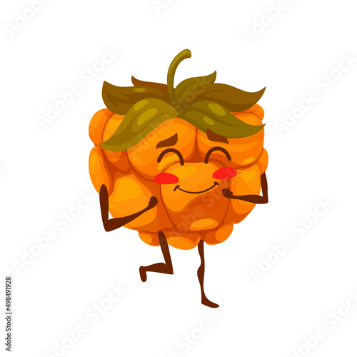 Funny cloudberry character dancing. Cute smiling cartoon vector fruit food party emoji with sweet summer berry of ripe yellow cloudberry enjoying dance, having fun and relaxing