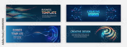 Visualization of data arrays, databases. Information flow, sorting. Set of Hi-tech banner templates for websites. Abstract horizontal promotion media cover design. Big data futuristic web background.